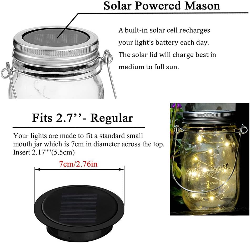 6 Pack Mason Jar Lights, 10 LED Solar Cold White Fairy String Lights Lids Insert for Garden Deck