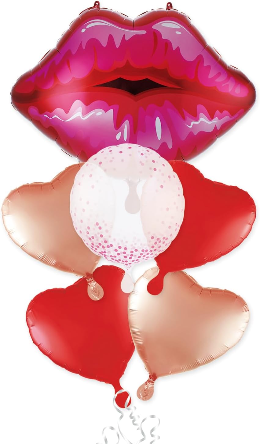 Huge 30inch Red Lip Foil Balloons Set 6 Pieces, Red Hearts and Lips For Make Up Themed Party