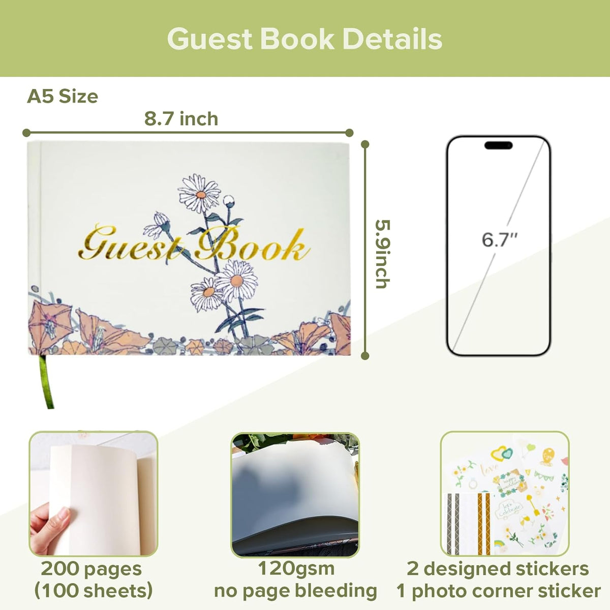 Guest Book for Wedding Reception, Party, Birthday, Polaroid GuestBook Retro Elegant Daisy Guest