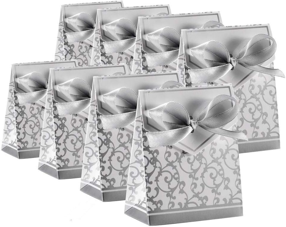 KUPOO 50PCS Candy Boxes,Silver Ribbon Wedding Favor Boxes Candy Bag Cake Box for Wedding Party