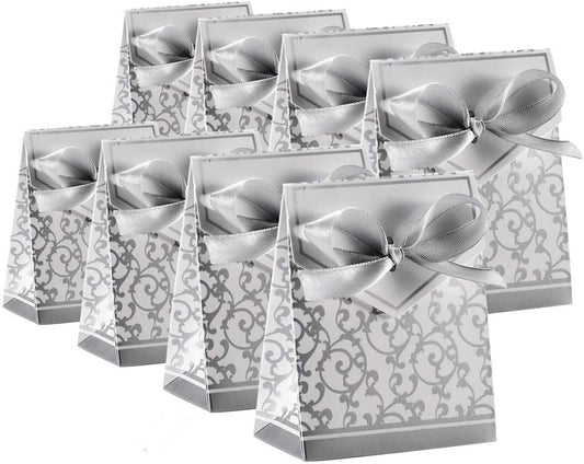 KUPOO 50PCS Candy Boxes,Silver Ribbon Wedding Favor Boxes Candy Bag Cake Box for Wedding Party