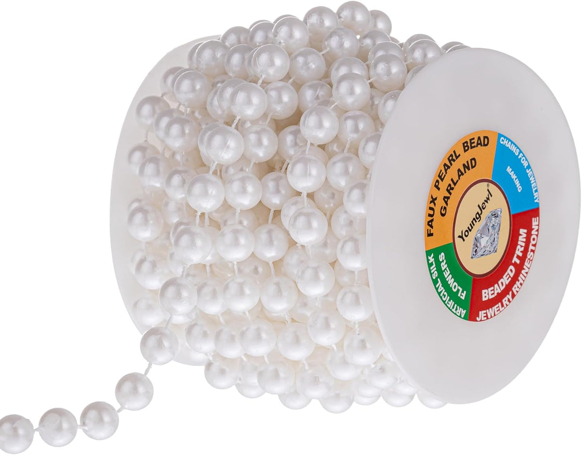 10mm Pearl Strands,9 Yds of White Fake Beads Garland Spool Roll with String Pearls for
