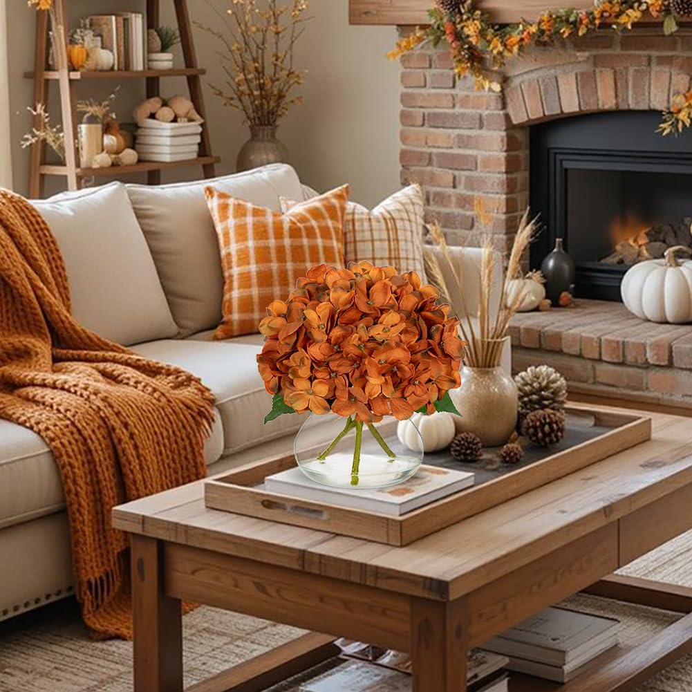 Hollyone Dark Orange Fall Hydrangea Artificial Flowers for Decoration with Glass Vase Silk Faux