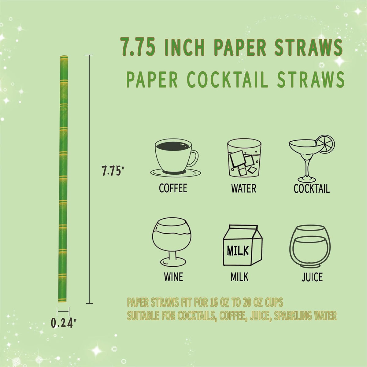 GLUJASBIO 7.75" Green Disposable Paper Straws - Biodegradable Drinking Straws for Party Suppliers