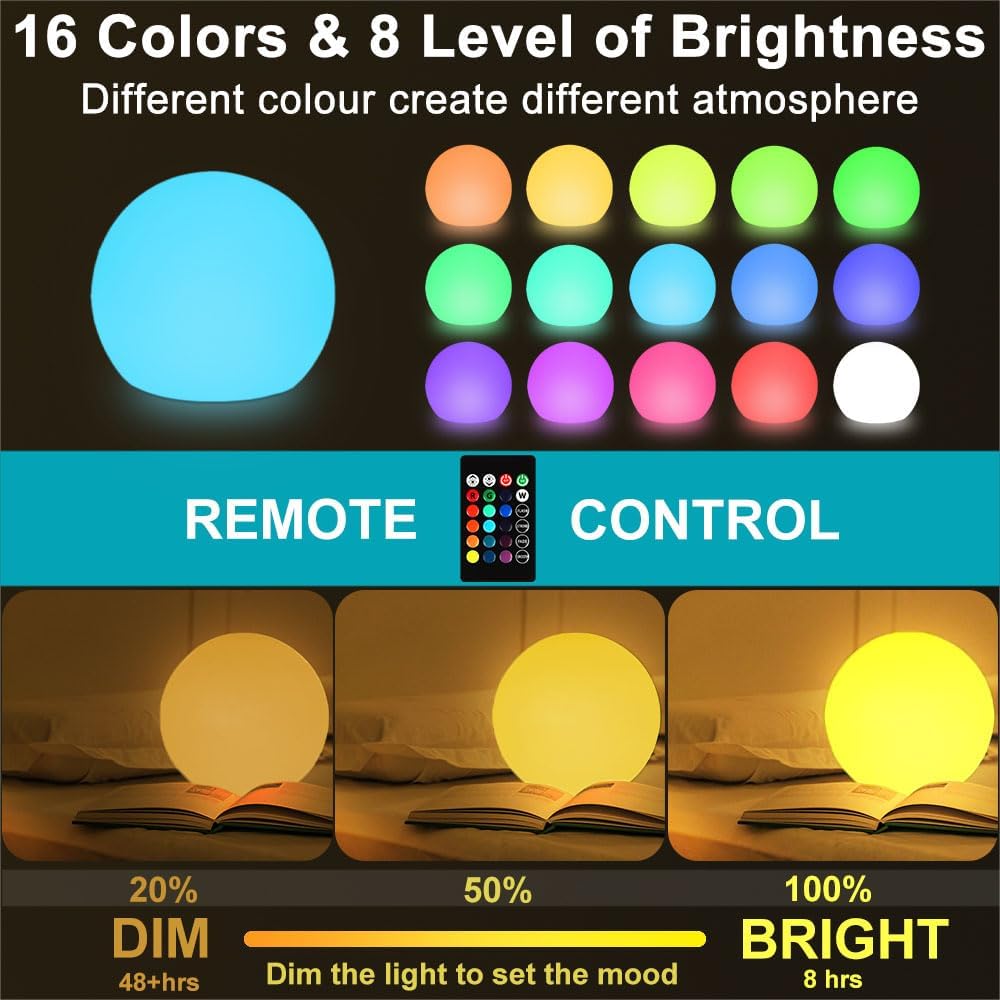 10-in Glowing LED Ball Light, Dimmable 16 RGB Color 4 Mode Glowing Orb Lights w/Remote