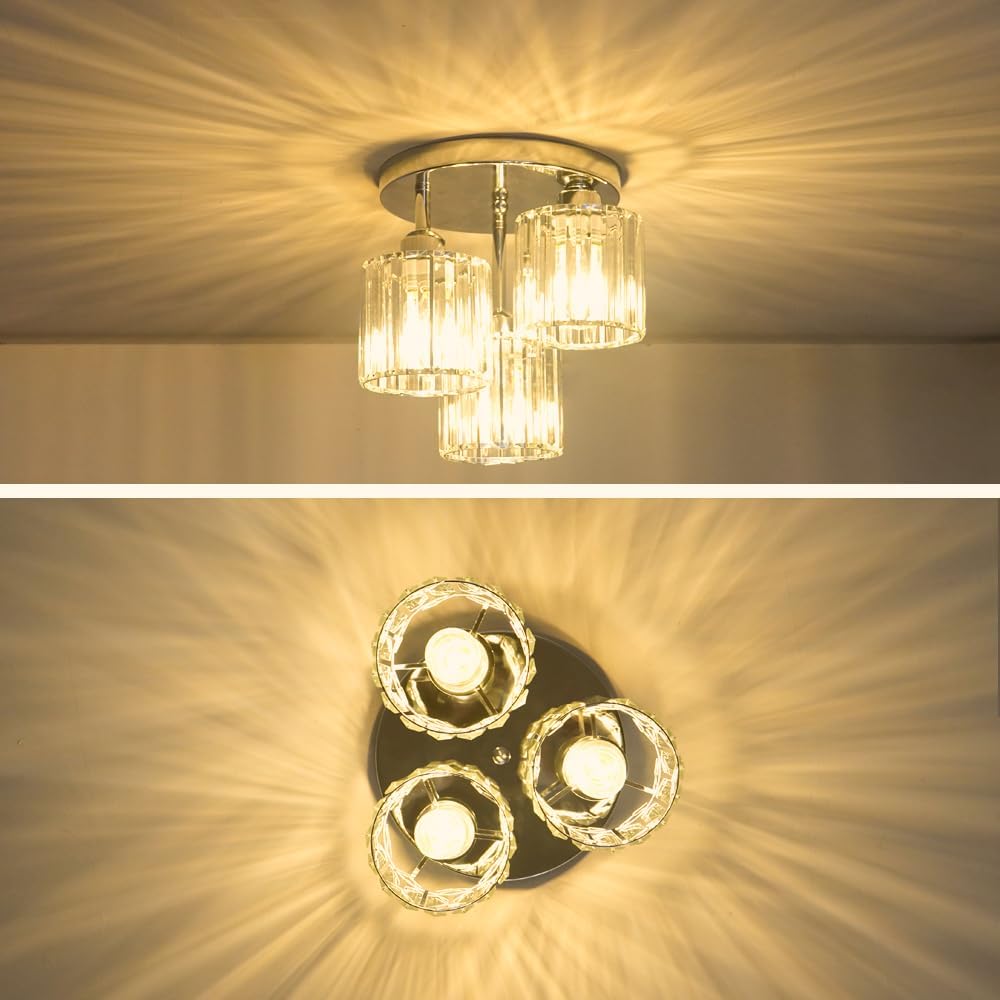 Crystal Ceiling Light Fixture, Chrome Semi Flush Mount Ceiling Light Fixture, 3-Light Hallway