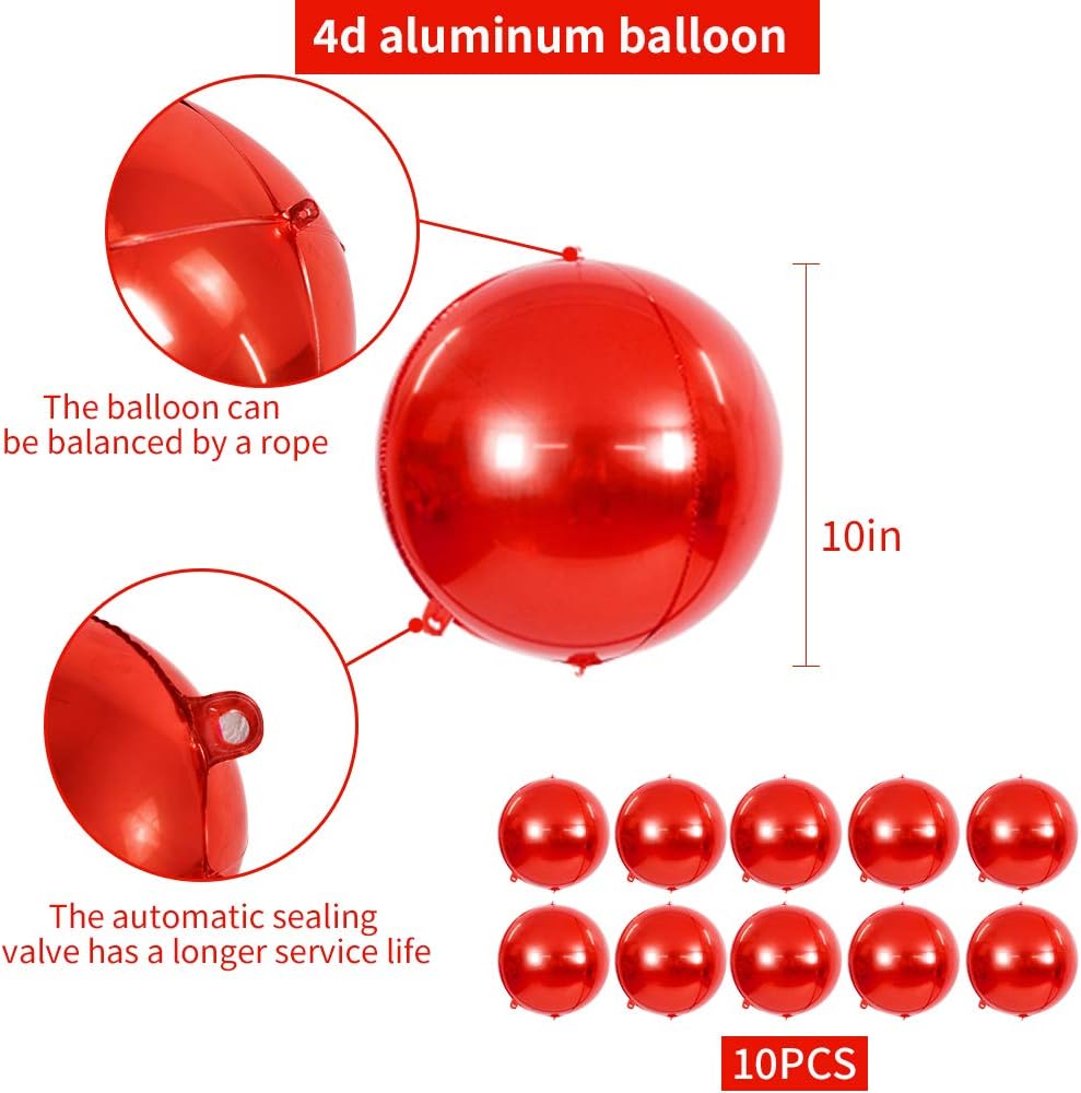 10 pcs Red 4D balloon, 10 inch Foil Mylar Sphere Balloon for Birthday Party,Wedding,Valentine's