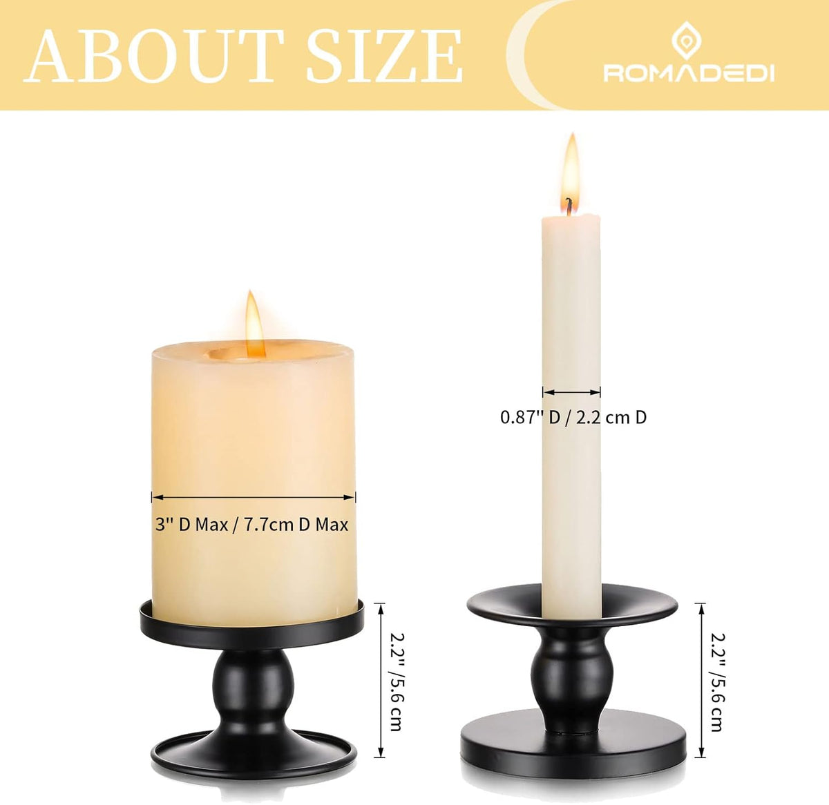 Romadedi Candle Holders for Pillar Candles, Black Pillar & Taper Candle Holder, Small Metal Candle
