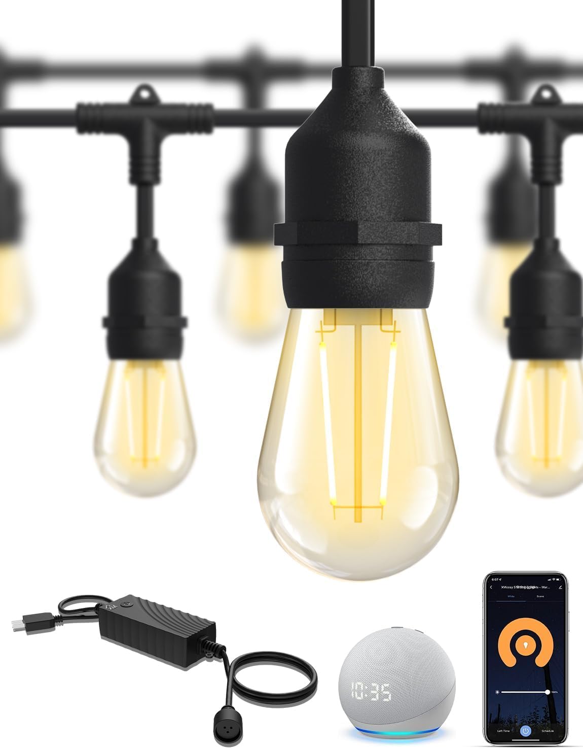 XMCOSY+ Smart Patio Lights 49Ft LED Outdoor String Lights Waterproof IP65, App Control, Compatible