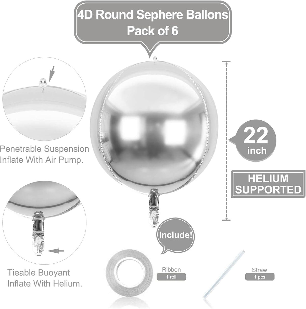 6 Pack Silver 22 Inch 4D Foil Balloons Big 360 Degree Round Sephere Mylar Balloons Mirror Finish
