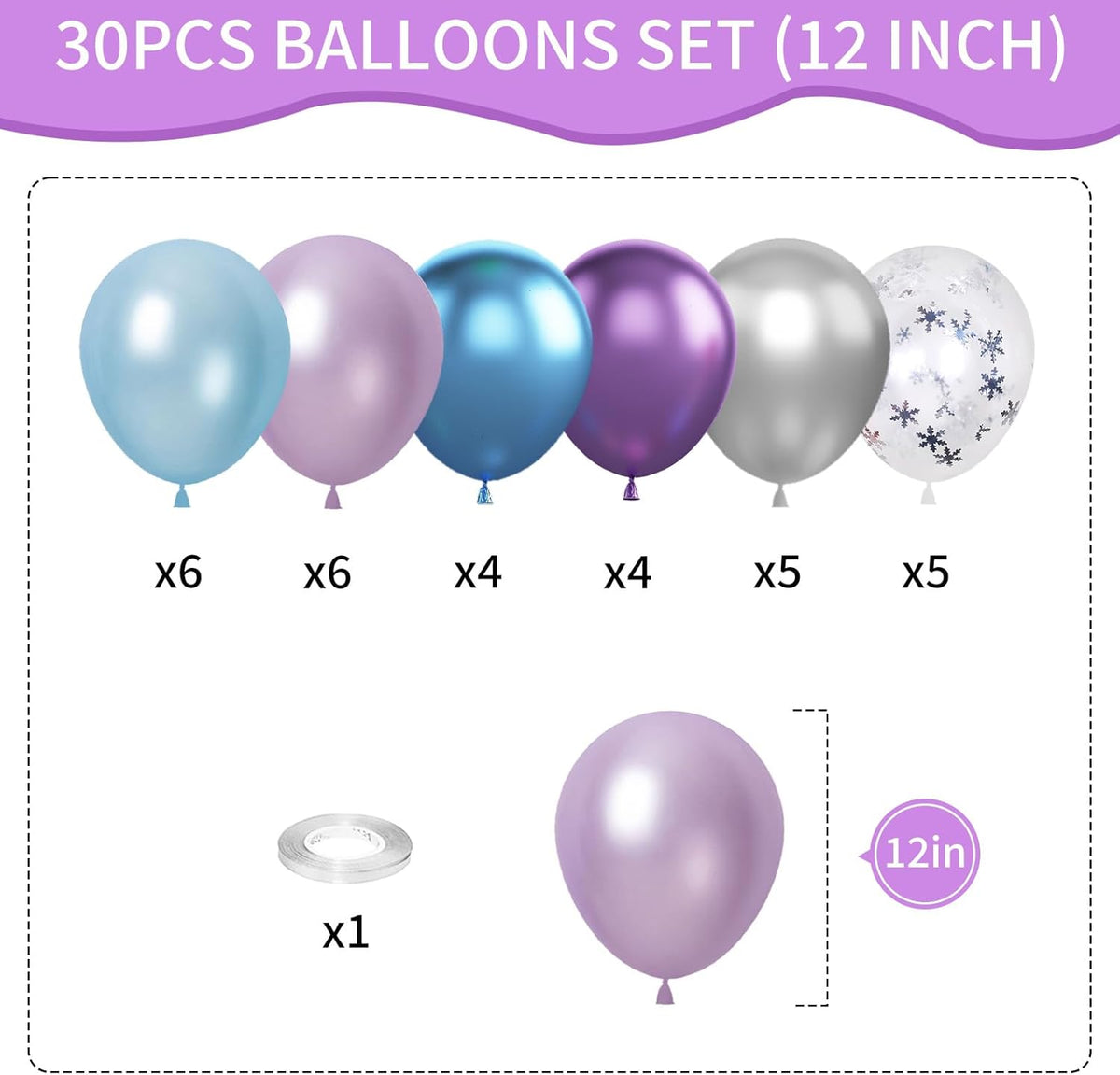 Frozen Balloons, 12 Inch Purple Blue White and Silver Balloons with Snowflake Balloons for Girls