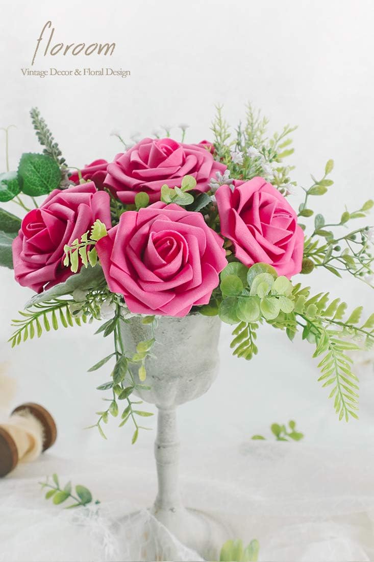 Floroom Artificial Flowers 50pcs Real Looking Hot Pink Foam Fake Roses with Stems for DIY Wedding