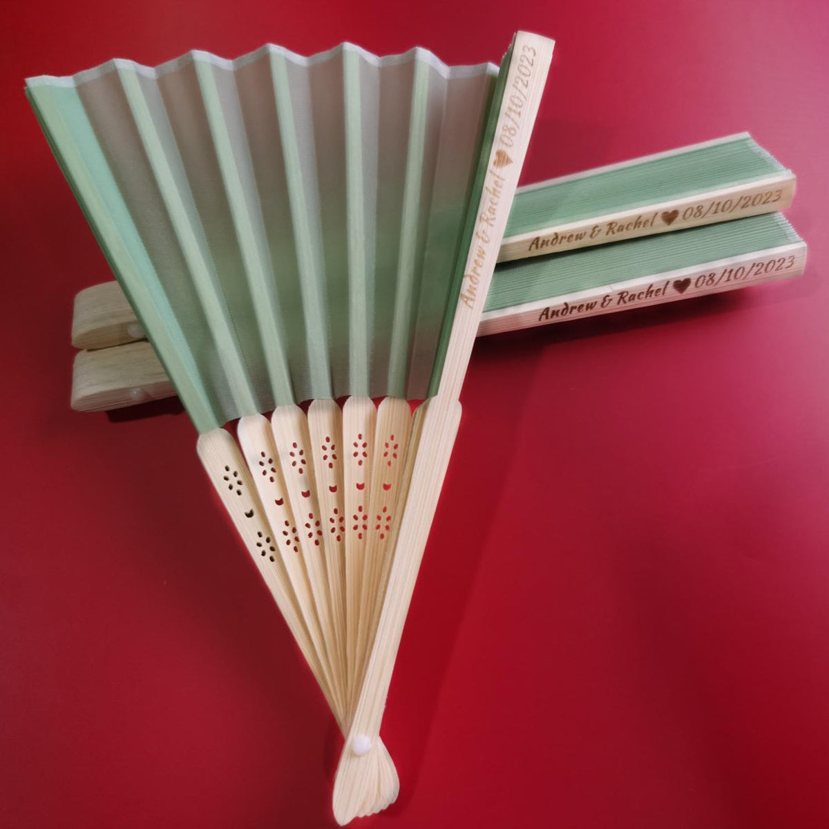 Personalized Wedding Fans Handheld Folding Fans (15Pcs) - Custom Engraved Green Silk Fans for