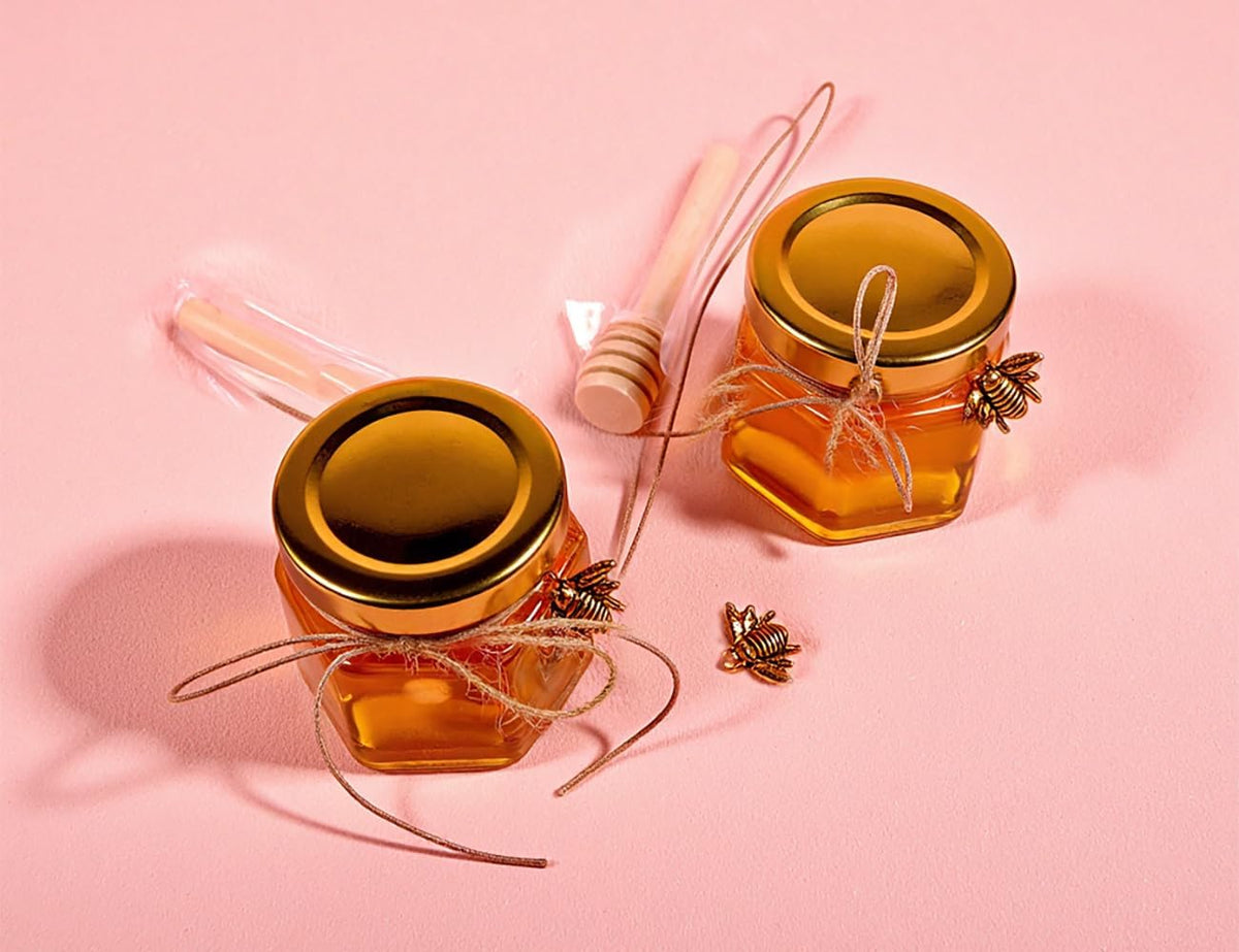 Adabocute Honey Pot, Mini Glass Honey Jars with Wood Dipper, Gold Lid, Bee Charms, Gold Organza