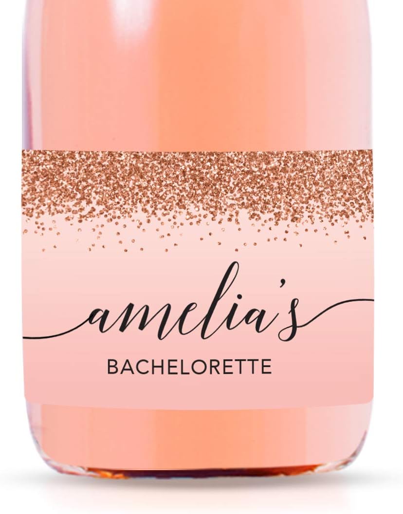 Andaz Press Personalized Bachelorette Mini Wine Labels, Blush Pink Faux Rose Gold Glitter Elegant