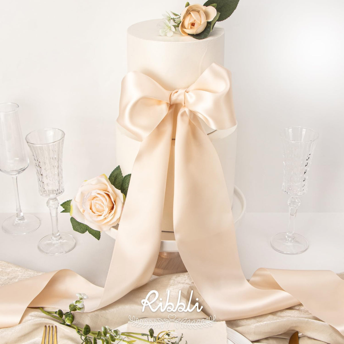 Ribbli Champagne Pink Satin Ribbon 4 Inch Wide Champagne Ribbon for Wedding Chair Sash Grand