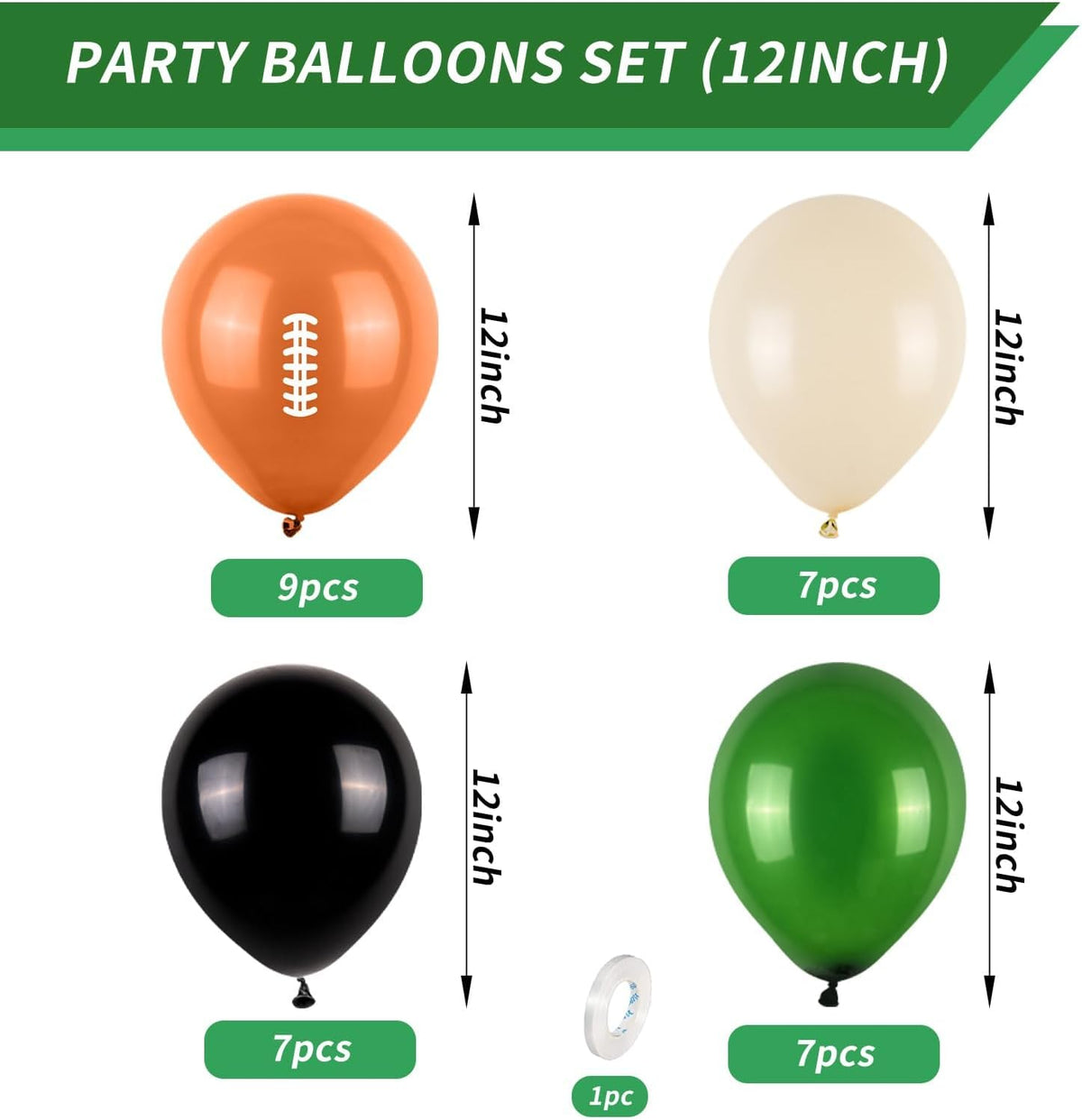 12 Inch Football Printed Party Balloons - Dark Green, Black, Beige - Boys Sports Birthday Party