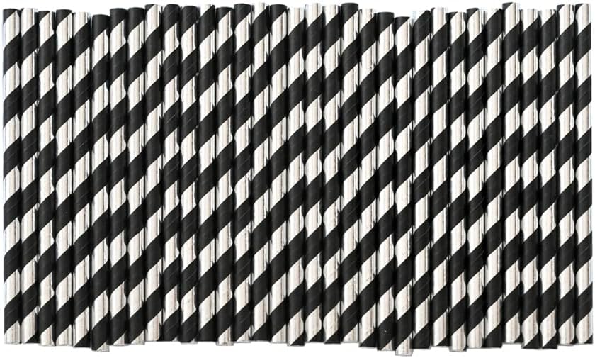 Cocktail Paper Straws - Black Silver Striped Biodegradable Disposable Drinking Straws for Brithday