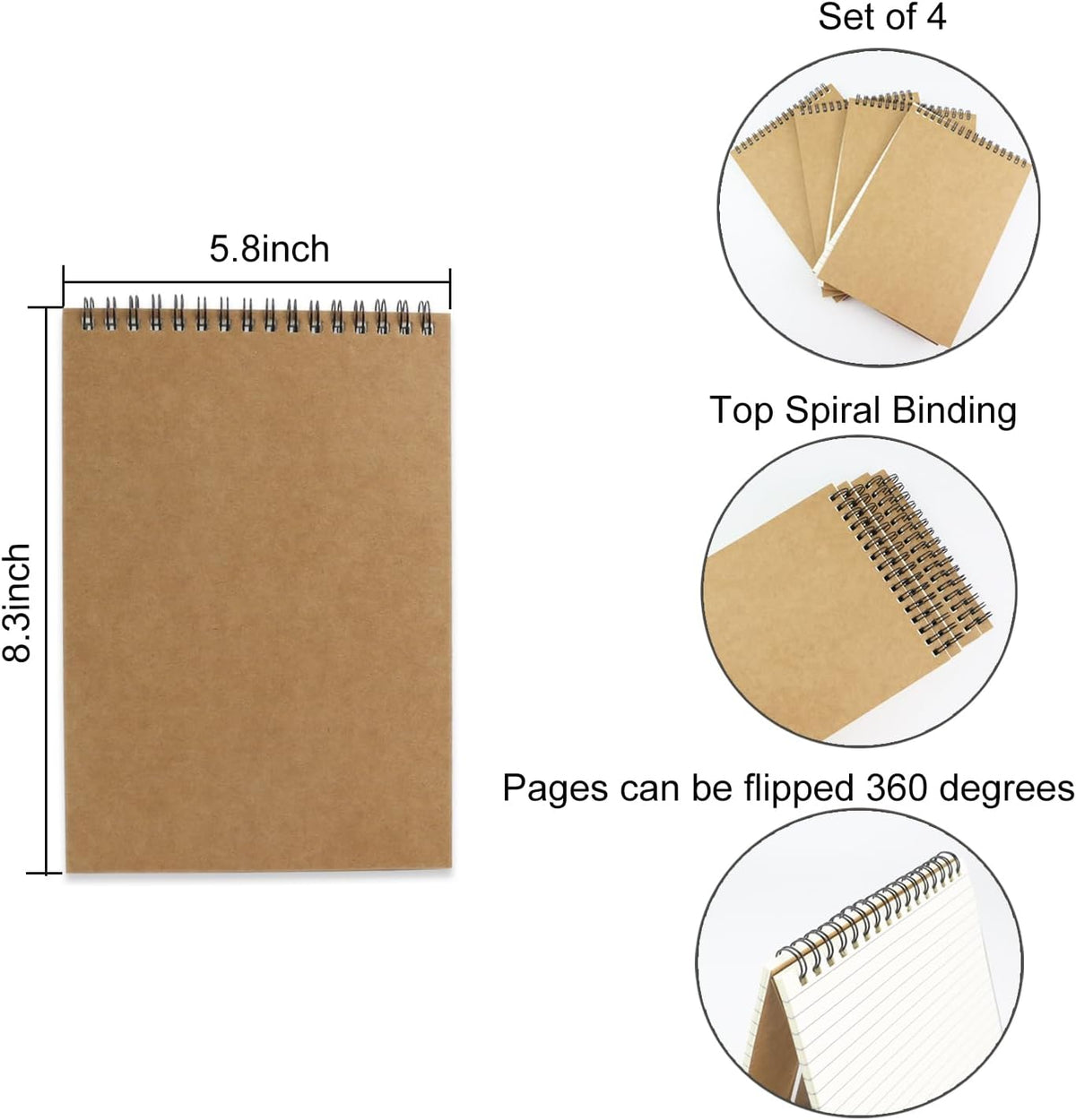 4 Pcs Top Bound Spiral Notebook,8.3 inch x 5.8 inch,60 Sheet,7mm College Ruled Paper,A5 Spiral Note
