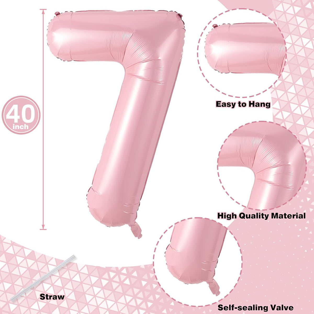 Large Light Pink 17 Balloon, Foil Number 1 & 7 Helium Balloon, 40 Inch Mylar Self Inflating Number