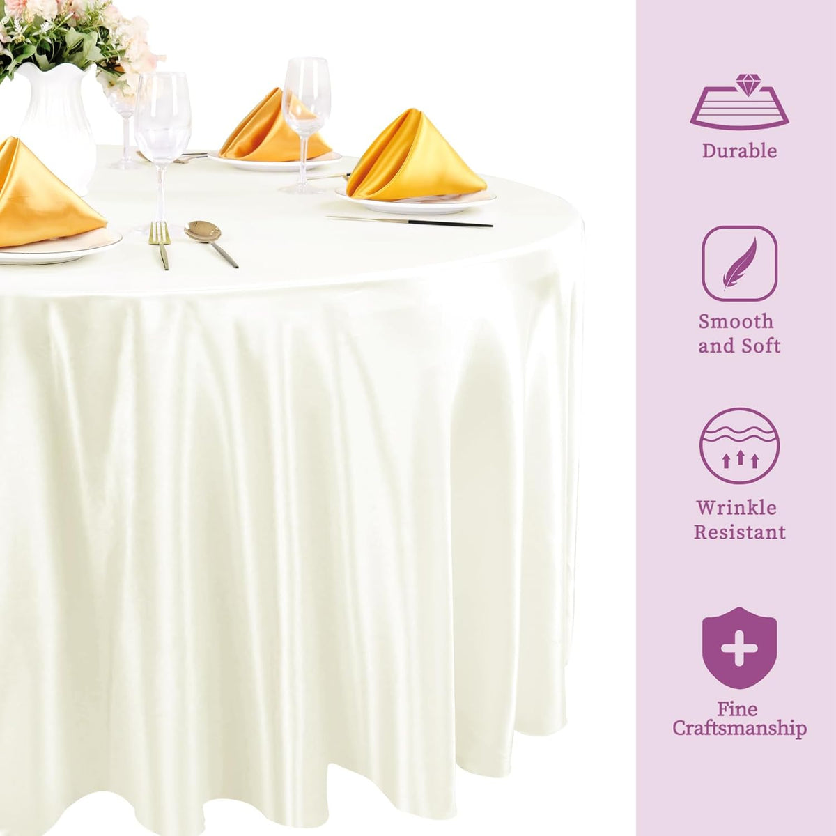 fani 6 Pack 120 Inch Ivory Round Tablecloth - Premium Silky Satin Tablecloth Overlay Smooth Fabric