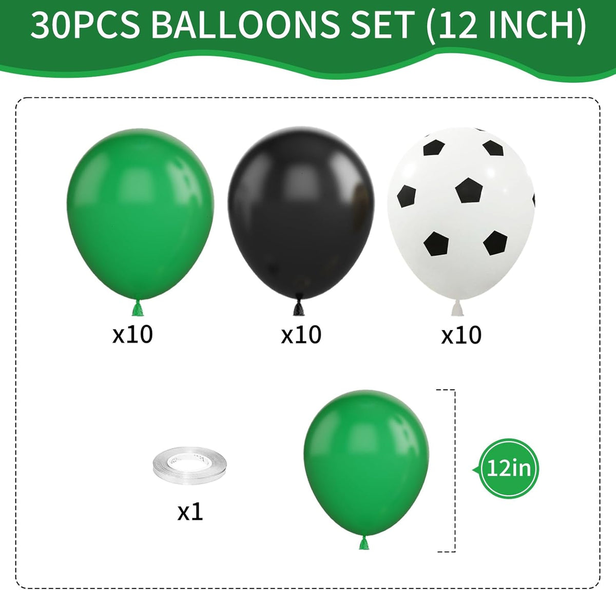Football Balloons, 12 Inch Green Black White Latex Soccer Printed Balloons With Ribbons for Boys