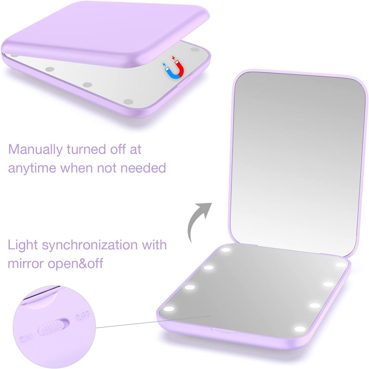 WOBSION Small Mirror with Lights,LED Compact Makeup Mirror,1x/3x Mini Travel Mirror with
