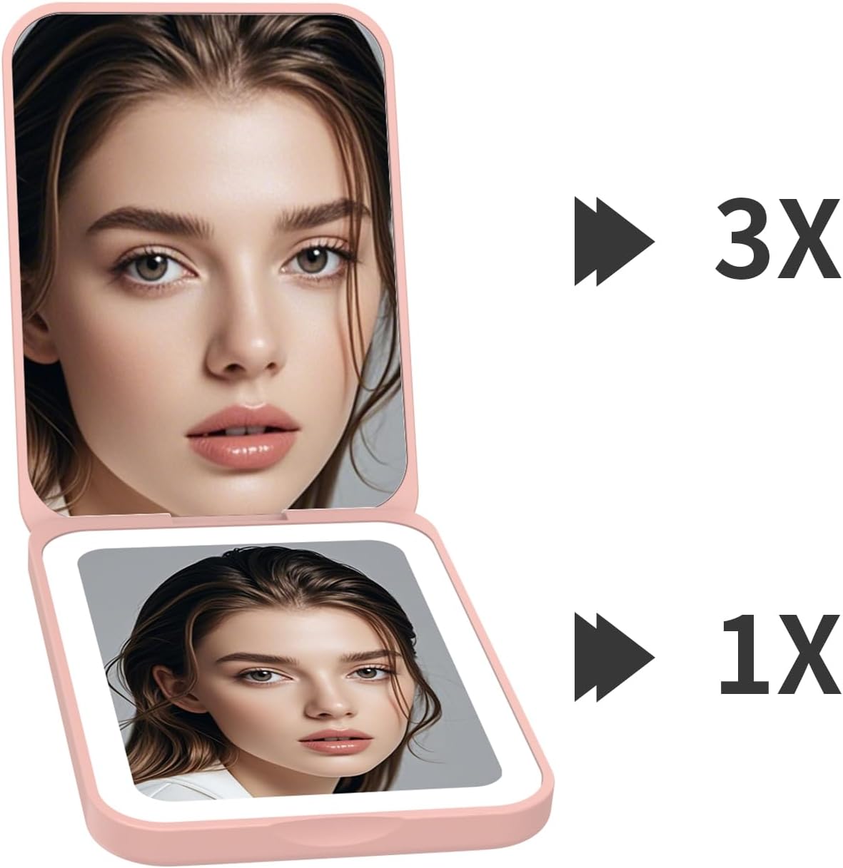 Kintion 2025 Pocket Mirror, Rechargeable Dimmable 3 Color Lighting 1X/3X LED Compact Travel Makeup