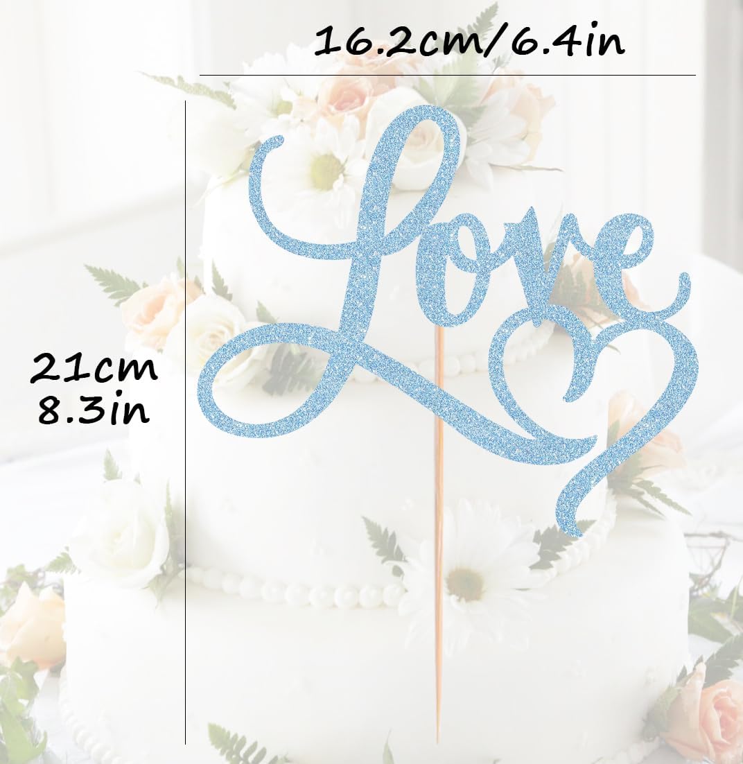 Love Cake Topper - Light Blue Glitter Paper Wedding Cake Decoration Supplies, Perfect for Bridal