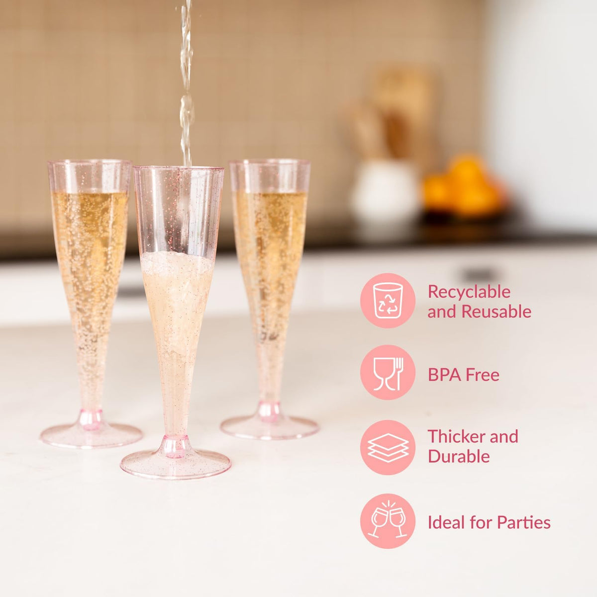 Prestee 24 Piece Plastic Champagne Flutes - 4.5 oz Plastic Wine Glasses with Rose Gold Glitter