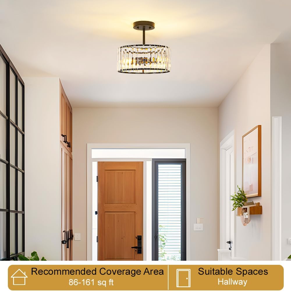 Modern Crystal Ceiling Light, Matte Black Semi Flush Mount Ceiling Lighting Fixture, Hallway Light