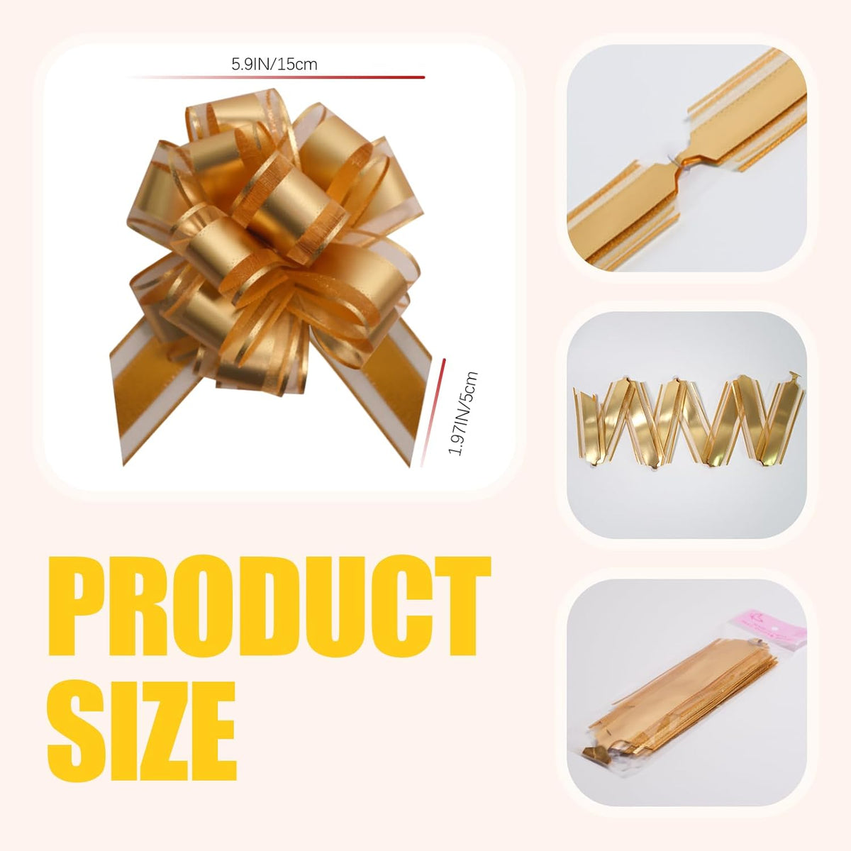 6 PCS 6 Inch Organza Golden Pull Bows - Perfect for Gift Wrapping, Wedding Decor, Car Bows