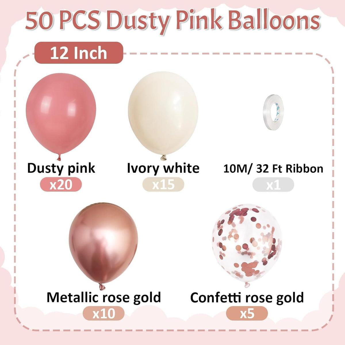 Paready Dusty Pink Balloons, 50 Pcs Retro Blush Pink White Balloons, 12 Inch Metallic Confetti Rose