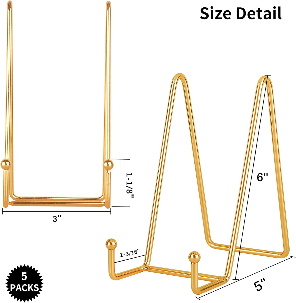 IBosins 5 Pack 6 Inch Plate Holder Display Stands, Metal Gold Frame Stand for Picture, Book, Photo