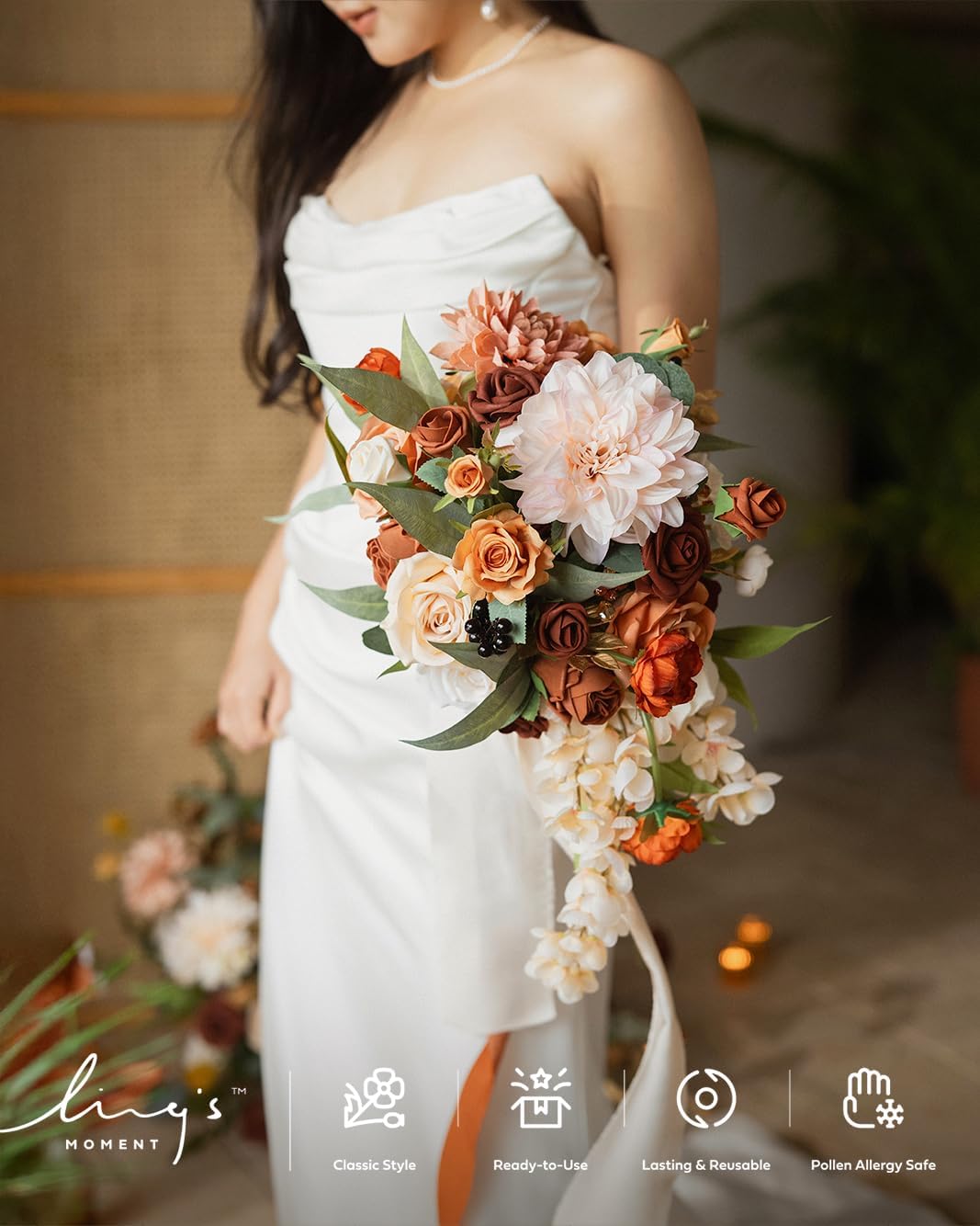 Ling's moment Terracotta Bridal Bouquet Cascading, Orange Wedding Bouquets for Bride, 13 Inch Bride