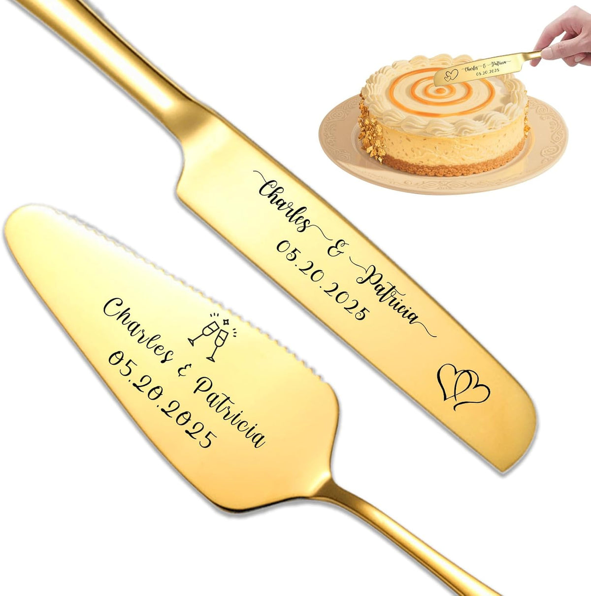 Custom Wedding Cake Knife and Server Set Personalized Cake Cutter with Engraved Text Bridal Cake