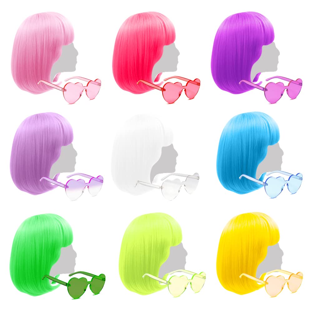 9 Pieces Colorful Bob Wig, 12" Straight with Flat Bangs, Bubble Gum Series Colored Party Wigs, Wigs