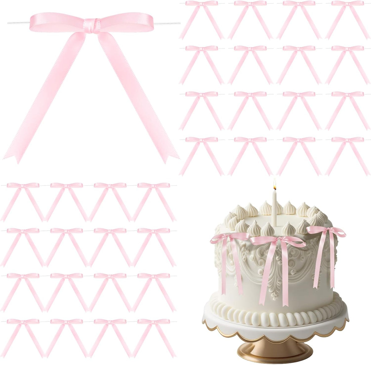 Riceshoot 50 Pcs Twist Tie Bows for Cake 3x4.5 Inch Satin Ribbon Bows for Gift Wrapping Treat Bags