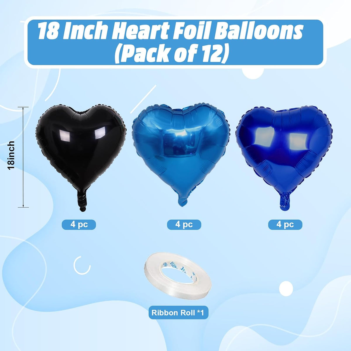 Blue Black Heart Balloons, 18 Inch Black and Dark Blue Heart Shape Balloon, 12PCS Blue Helium Foil