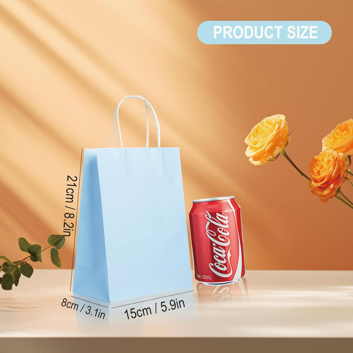 BAG BOX 25 Pack Small 5.9x3.1x8.25 Inch Blue Kraft Paper Gift Bags with Handles for Bulk Shopping