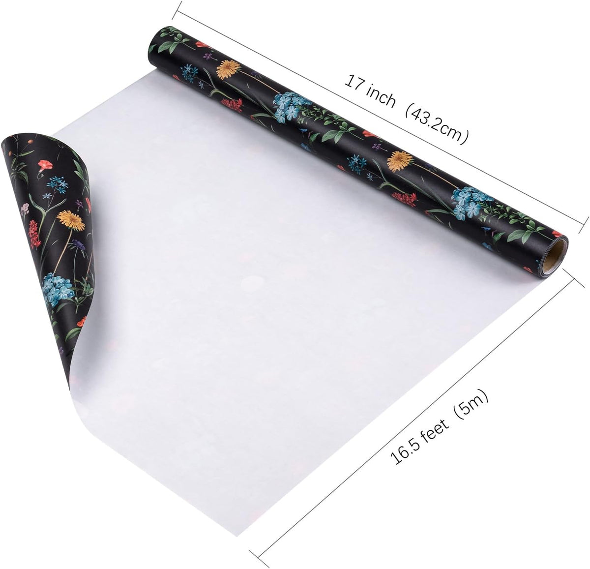 WRAPAHOLIC Kraft Wildflower Wrapping Paper - Mini Roll - 17 Inch x 16.5 Feet - Black Floral