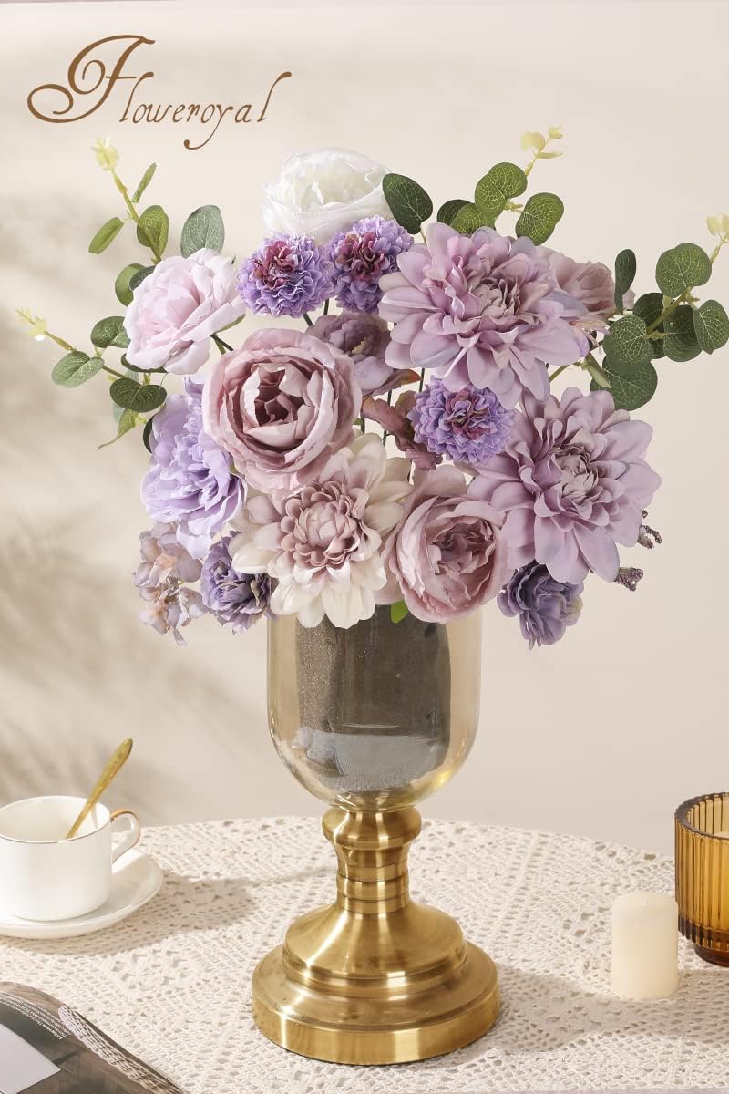 Floweroyal Artificial Flowers Combo Purple Flowers Mix Silk Flowers Dahlia Roses with Stems for DIY