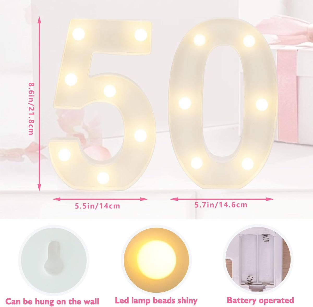 LED Marquee Letter Lights, Decorative Light Up Numbers for 50th Birthday Party, Battery Operated