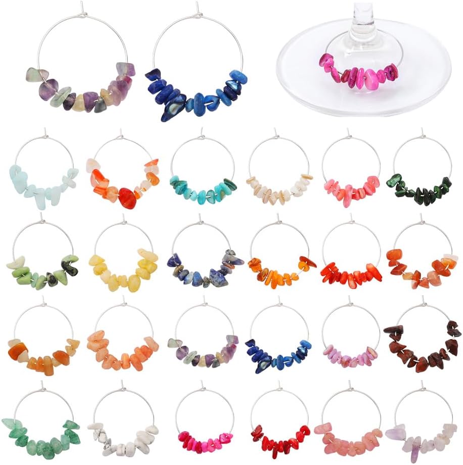 Pride & Par 24 Pcs Nature Gemstone Beads Glass Charms for Stem Glasses, Wine Glass Decoration for