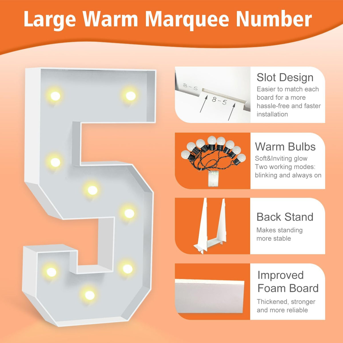 Marquee Light Up Numbers 5, Foam Board Mosaic Balloon Numbers with Light Bulbs, 3FT Marquee Sign