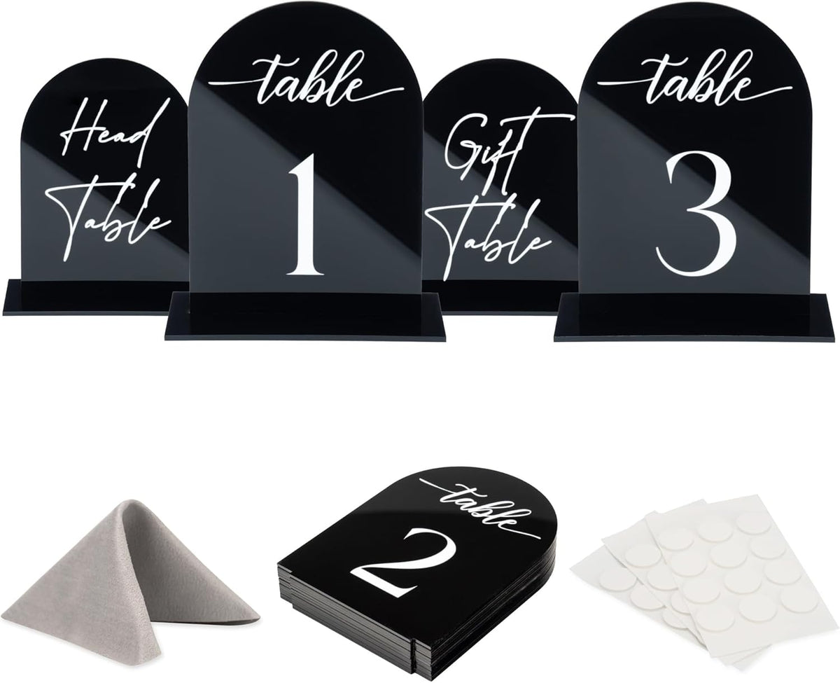 Black Arch Acrylic Table Numbers for Wedding Reception - 5" x 7" White Font Centerpiece Set with