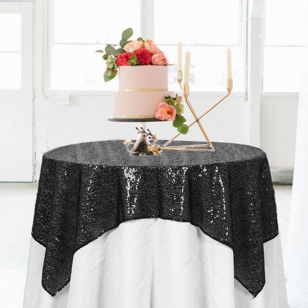 ShinyBeauty Sequin Tablecloth Black 72''x72'' Square Black Glitter Table Cover for Parties Wedding
