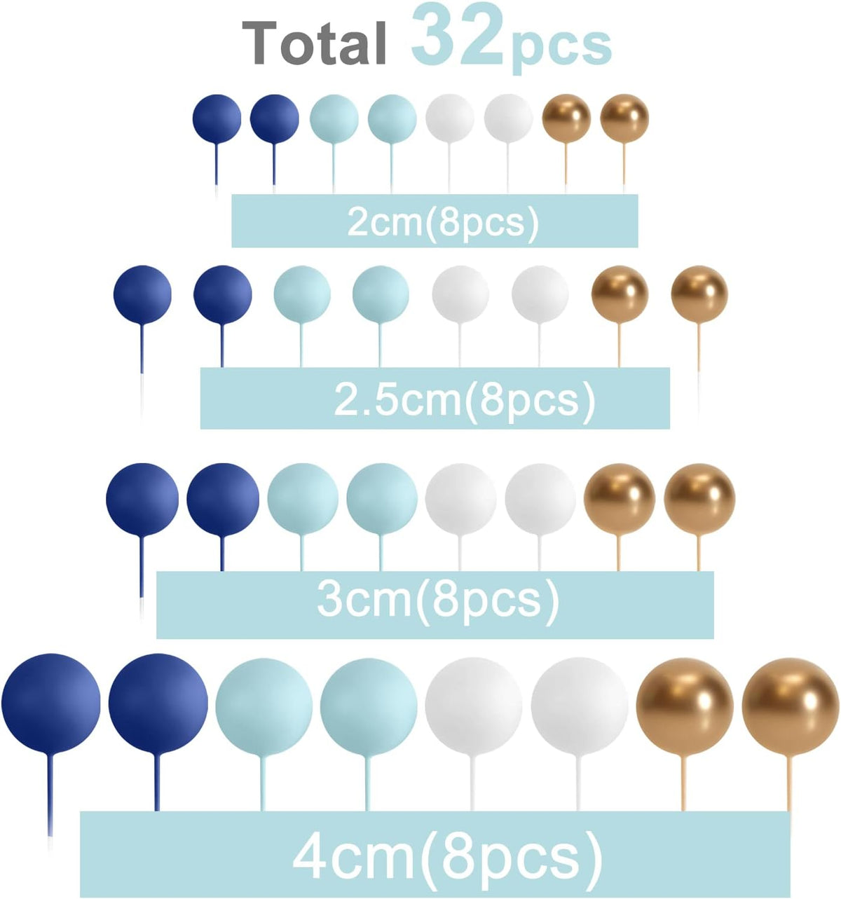 ASTARON Ball Cake Topper, 32 Pcs Foam & Wire Decorations, Mini Balloons Cake Topper Sticks, 4