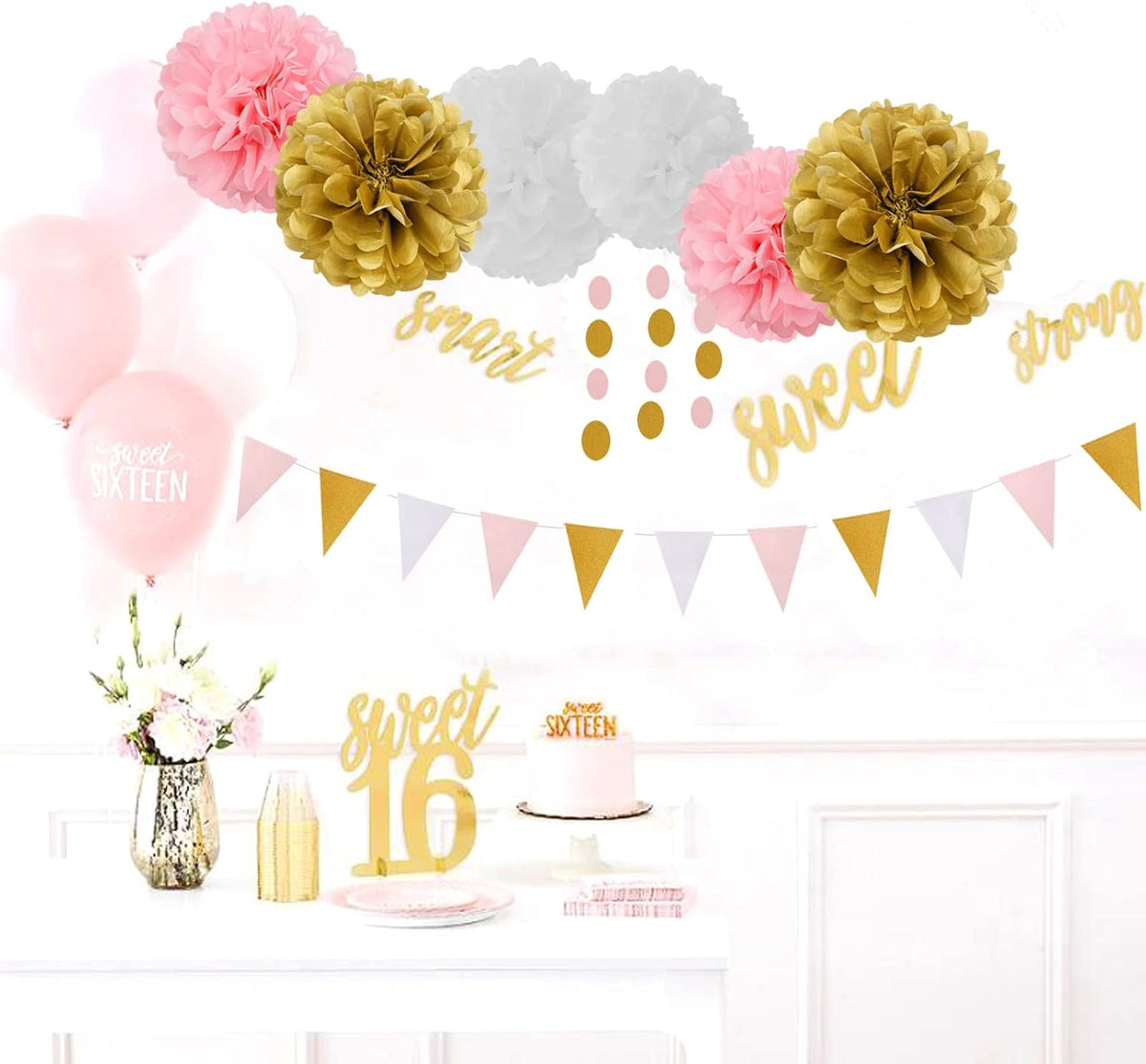 Pink-White Gold Girl Birthday Party-Decorations - 23pcs Kits Tissue Paper Pom Poms