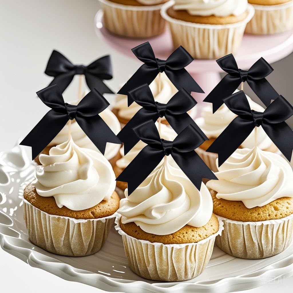Black Bow Cupcake Toppers,Black Bow Birthday Decoration, Bow Themed Party Decorations Coquette Cake
